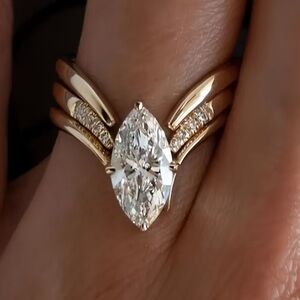 Private Label Marquise Solitaire Ring with Gold Band & White Topaz and Pavé